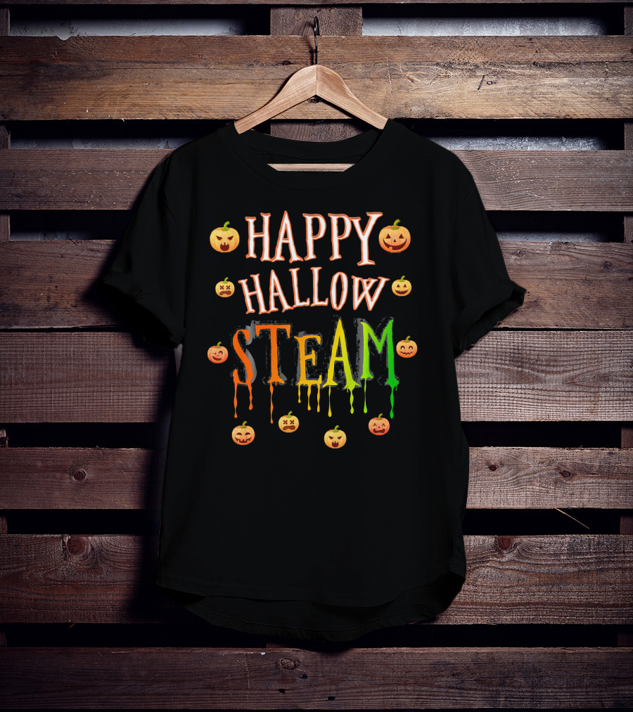 HAPPY HALLOW STEAM Pumpkin Faces Orange Green Dripping Letters T-Shirt