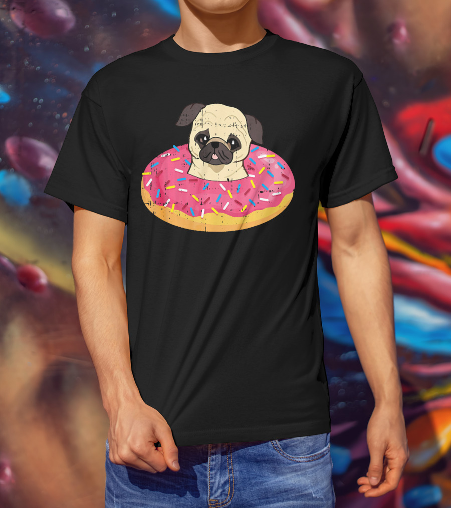Pug Dog In Colorful Sprinkle Doughnut Floatie Pet Donut Cute T-Shirt