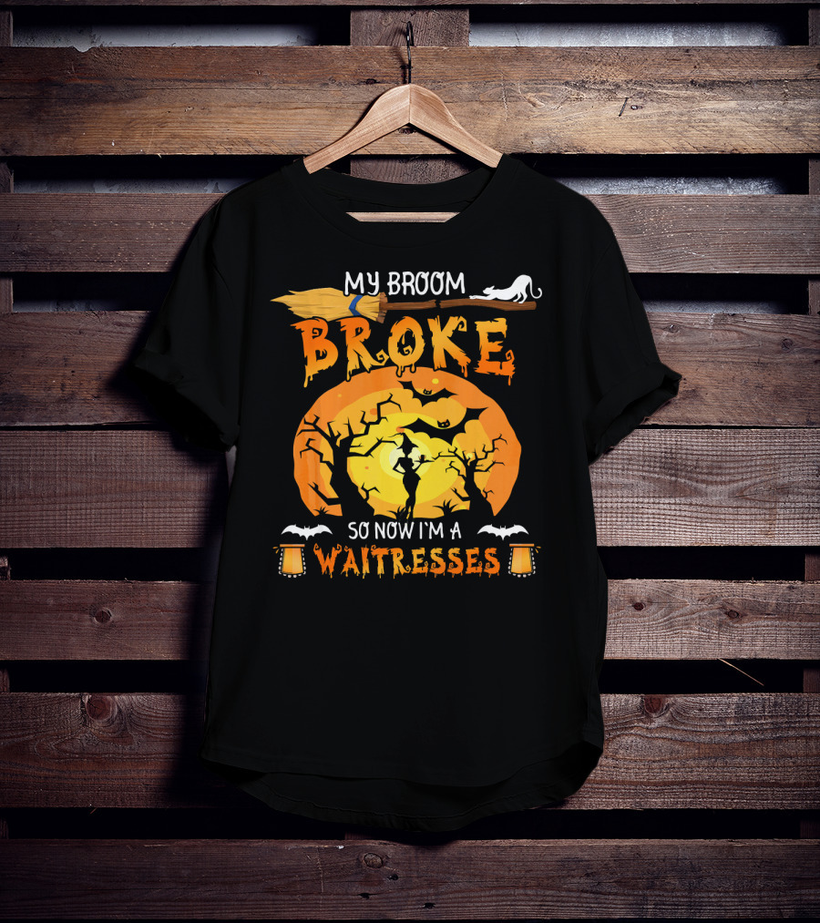 My Broom Broke So Now I'm A Waitresses Halloween Witch Moon Cat Lanterns T-Shirt