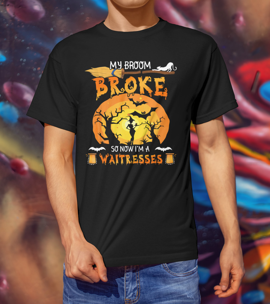 My Broom Broke So Now I'm A Waitresses Halloween Witch Moon Cat Lanterns T-Shirt