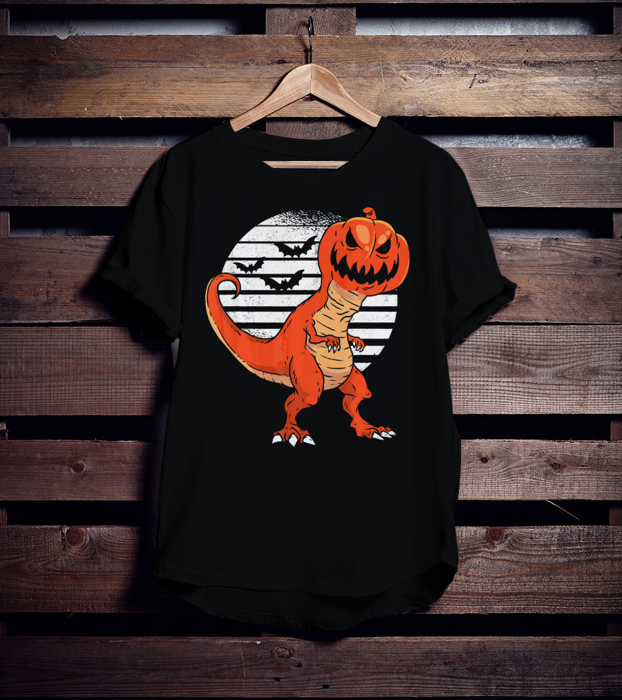 Funny Dinosaur Pumpkin Head Halloween With Bats T-Shirt