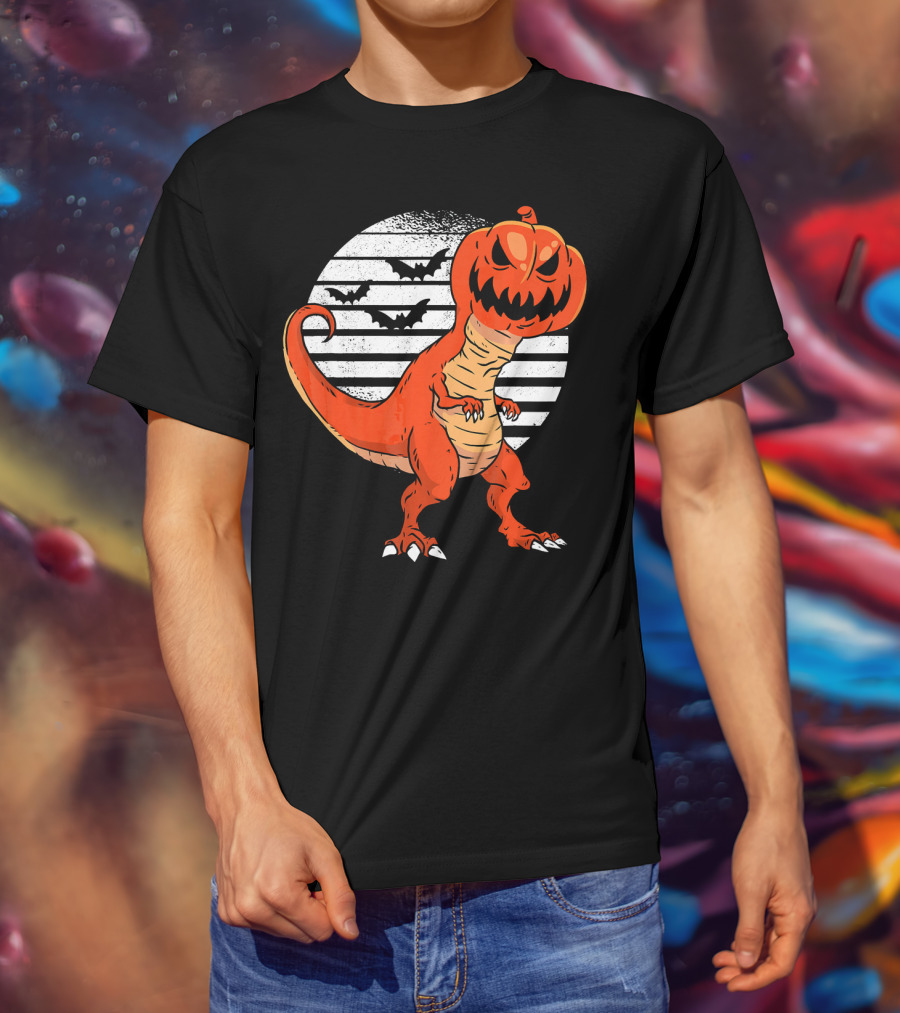 Funny Dinosaur Pumpkin Head Halloween With Bats T-Shirt
