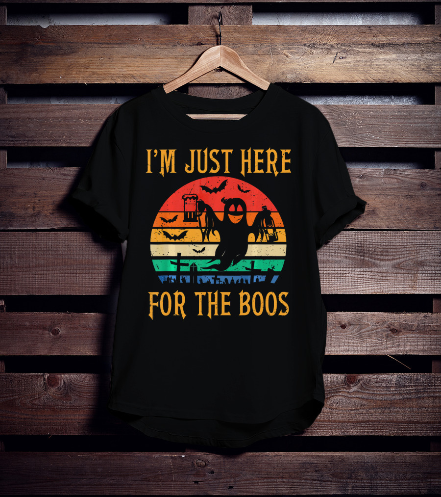 I'm Just Here For The Boos Halloween Ghost And Bats Retro Sunset T-Shirt