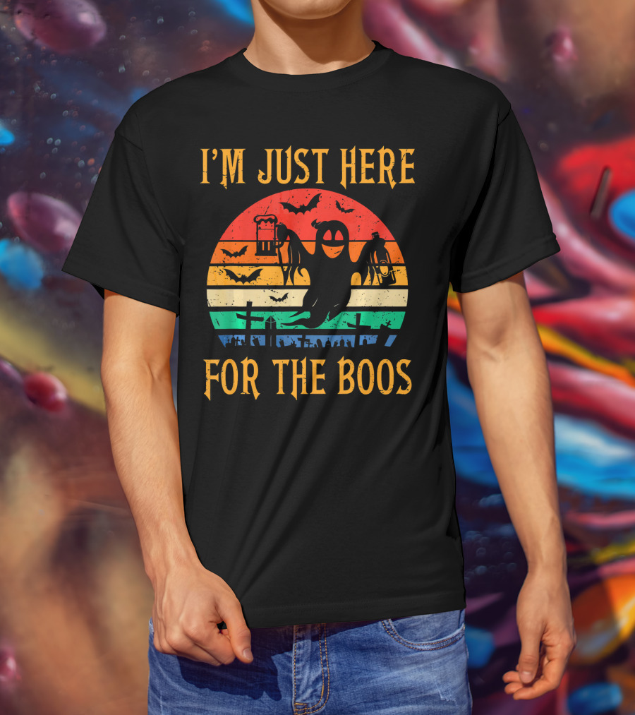 I'm Just Here For The Boos Halloween Ghost And Bats Retro Sunset T-Shirt