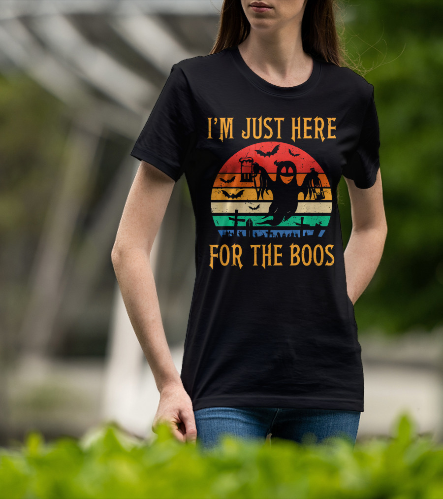 I'm Just Here For The Boos Halloween Ghost And Bats Retro Sunset T-Shirt