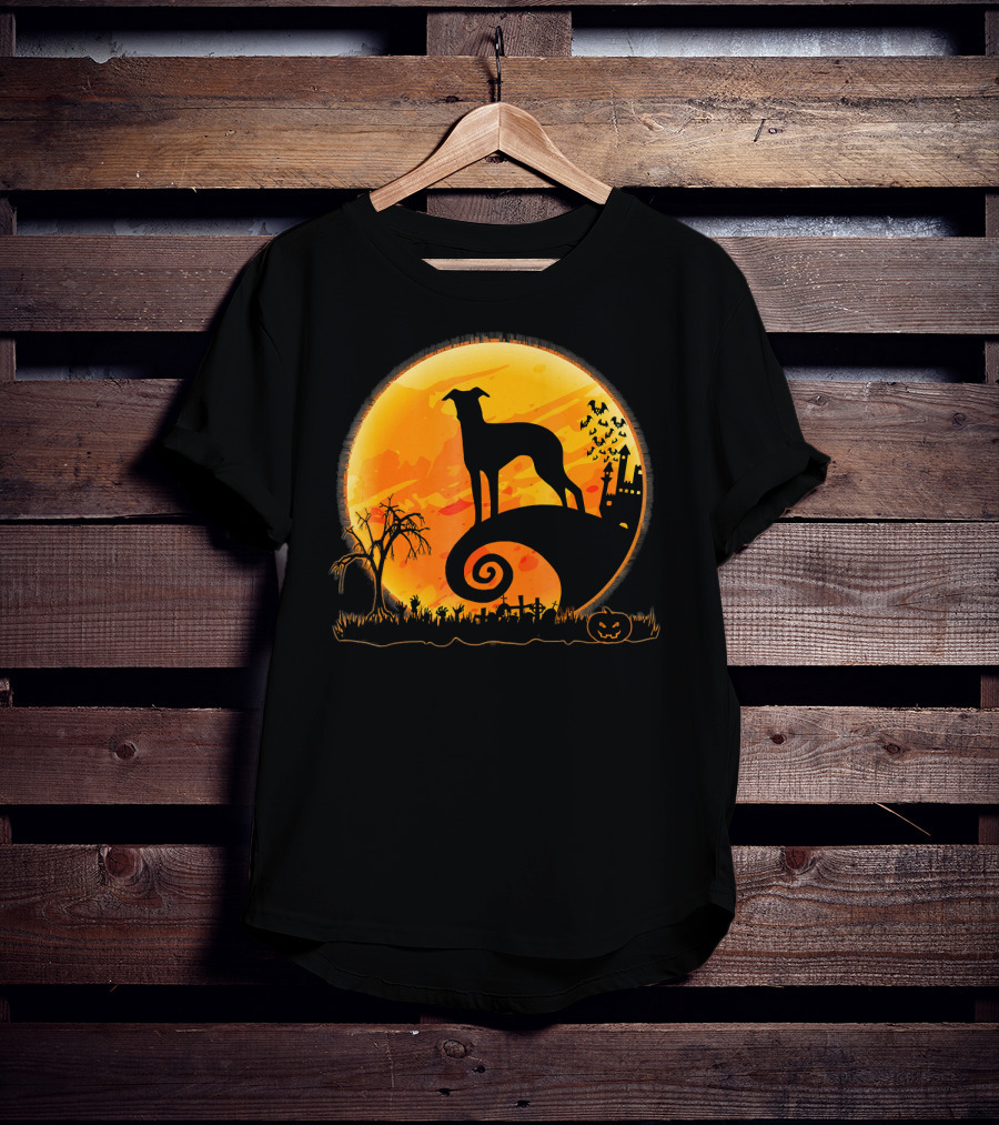 Italian Greyhound Dog Silhouette On Halloween Moon Night T-Shirt