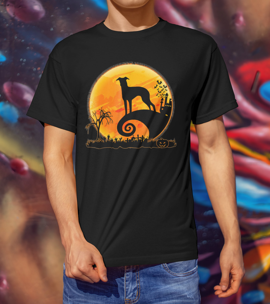 Italian Greyhound Dog Silhouette On Halloween Moon Night T-Shirt
