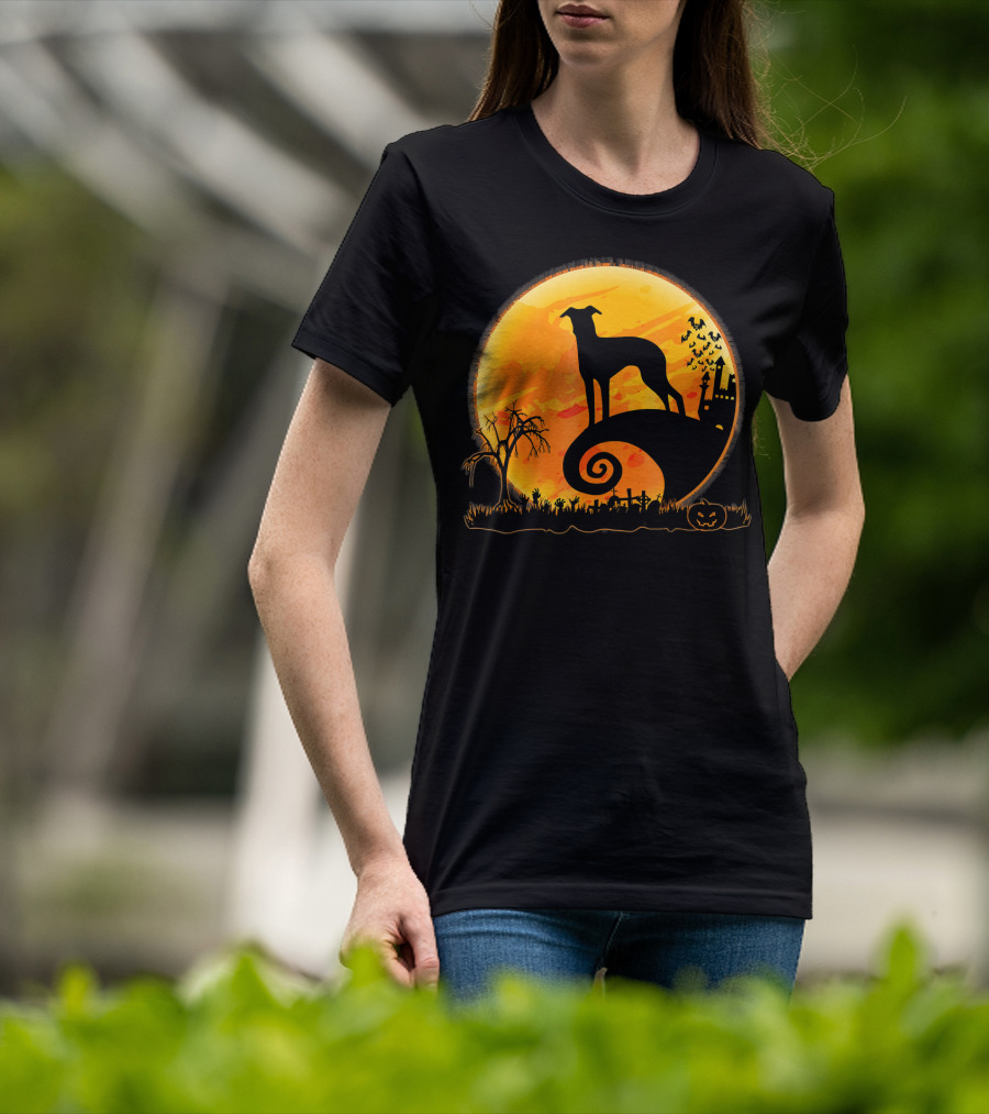 Italian Greyhound Dog Silhouette On Halloween Moon Night T-Shirt