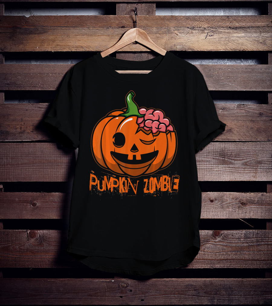 Pumpkin Zombie Halloween Horror Winking Jack O'Lantern With Brain T-Shirt