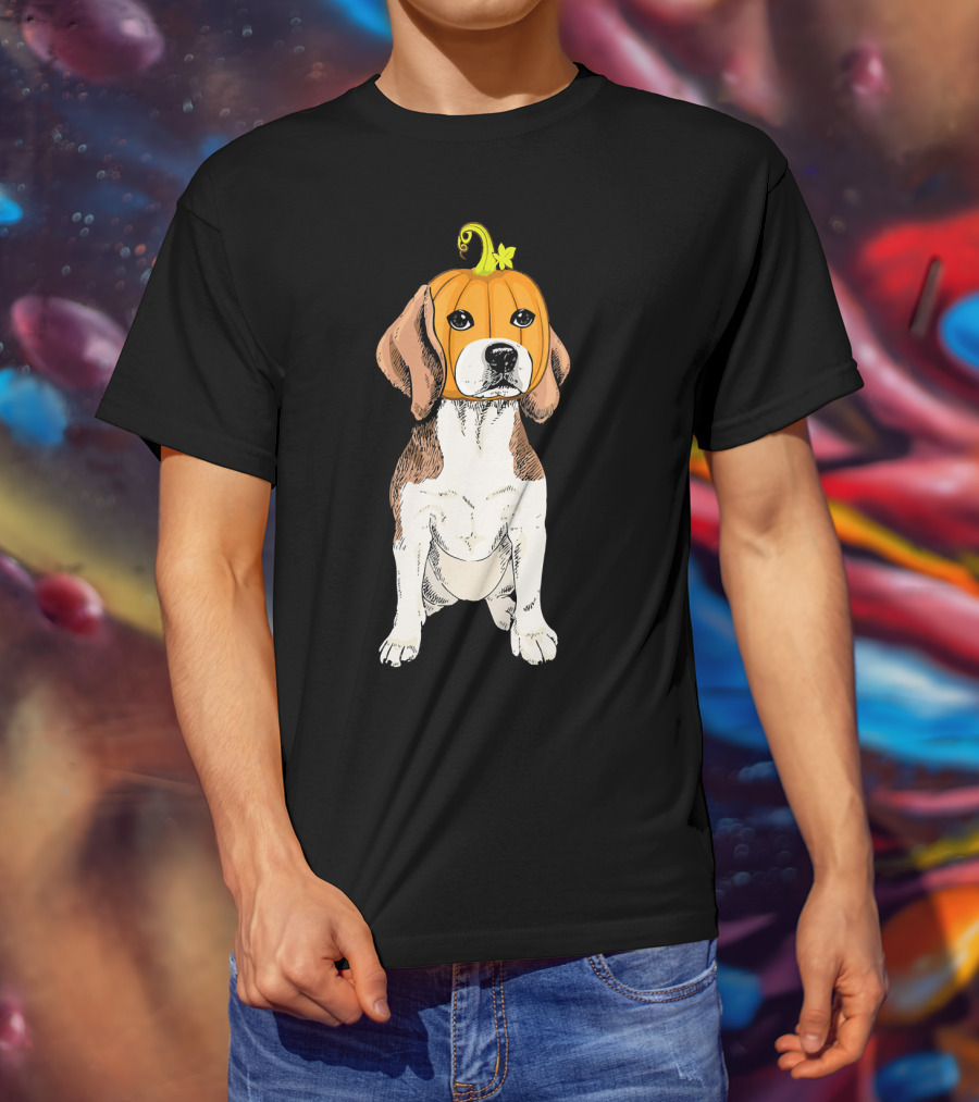 Beagle Wearing Pumpkin Face Funny Halloween Costume T-Shirt