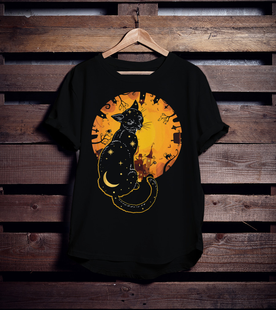 Halloween Black Cat With Stars And Moon In Haunted Landscape T-Shirt