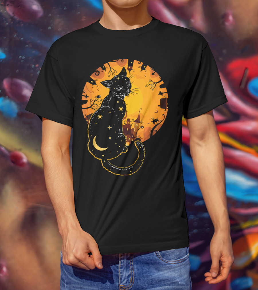 Halloween Black Cat With Stars And Moon In Haunted Landscape T-Shirt