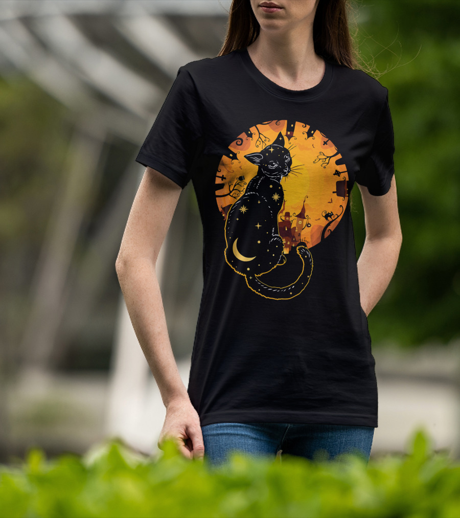 Halloween Black Cat With Stars And Moon In Haunted Landscape T-Shirt