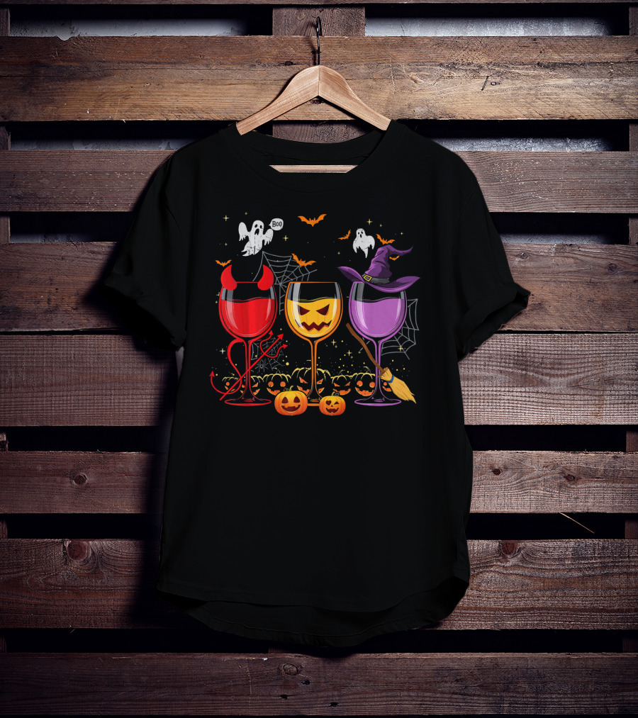 Three Glasses Of Wine Halloween Ghosts Pumpkins Bats Witches Devil T-Shirt