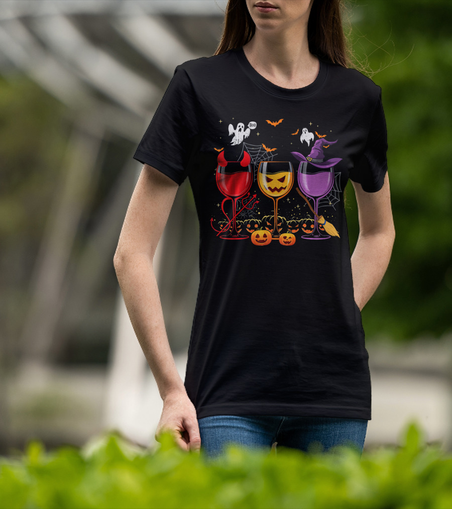 Three Glasses Of Wine Halloween Ghosts Pumpkins Bats Witches Devil T-Shirt