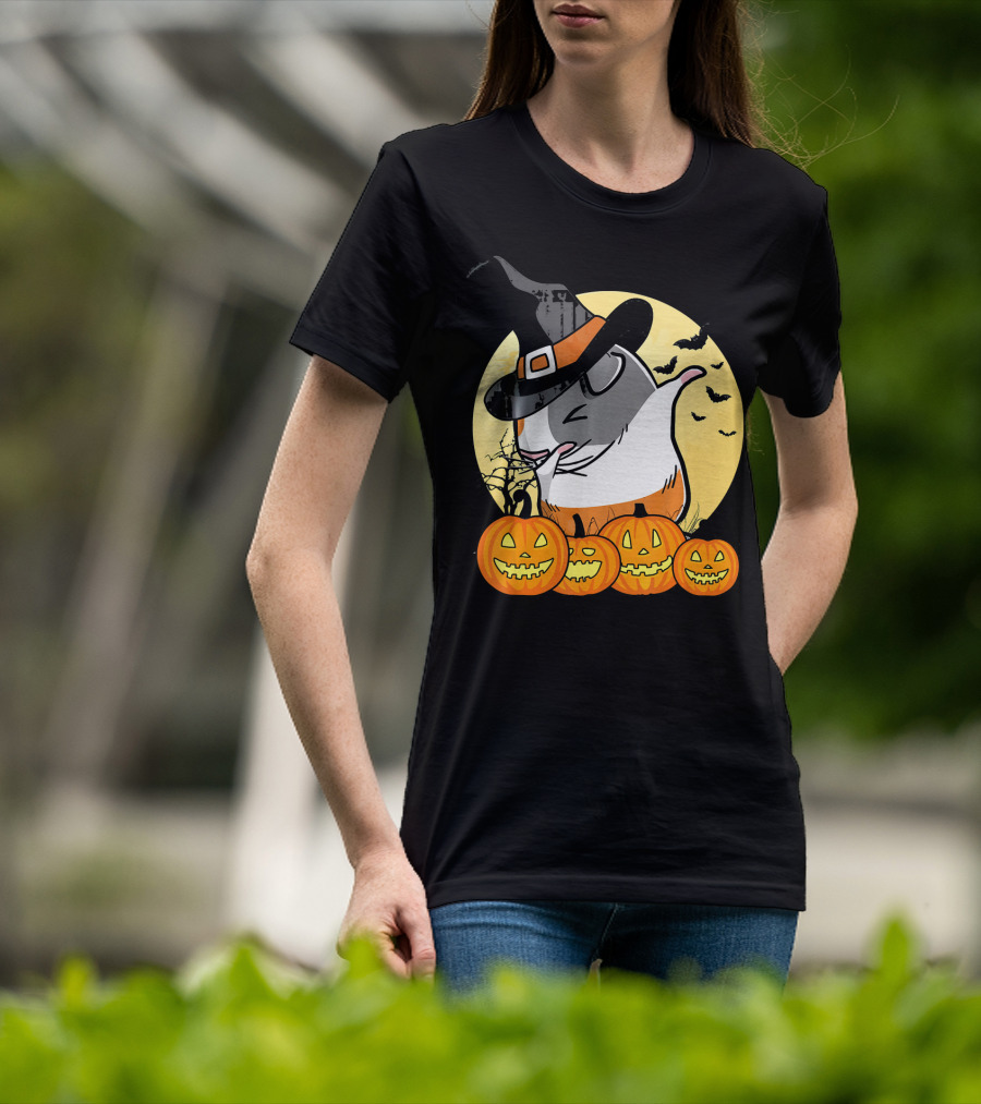 Witch Hat Dabbing Guinea Pig Halloween Pumpkins And Bats Moon Dance T-Shirt