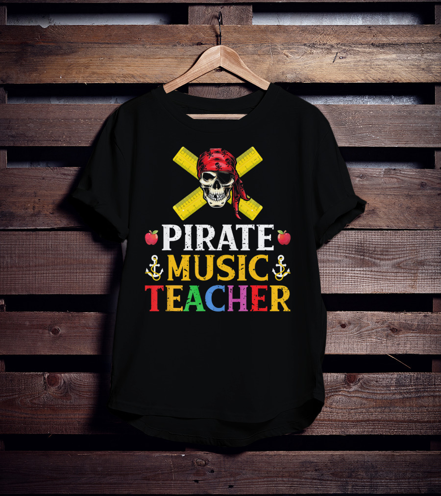 Funny Pirate Music Teacher Halloween Skull Anchors Apples Rulers T-Shirt