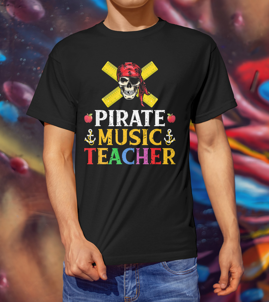 Funny Pirate Music Teacher Halloween Skull Anchors Apples Rulers T-Shirt