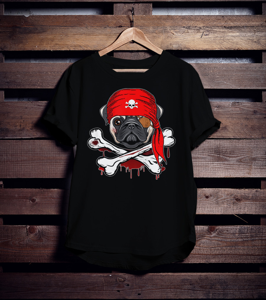 Funny Pirate Pug Dog With Skull Bandana And Crossbones T-Shirt