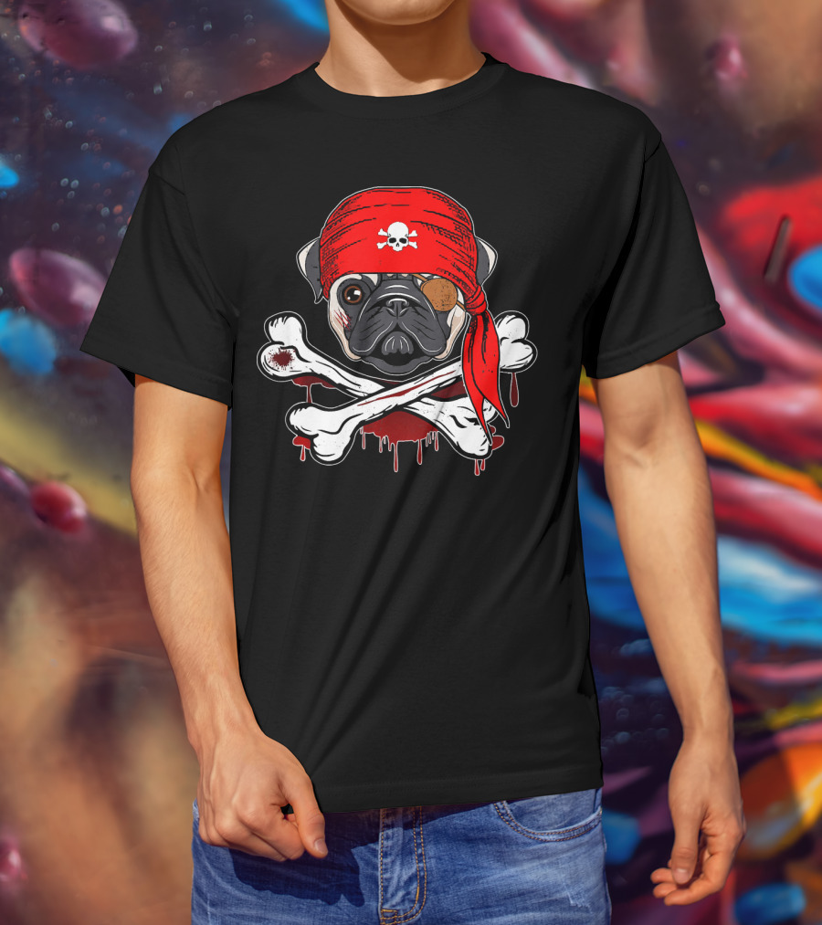 Funny Pirate Pug Dog With Skull Bandana And Crossbones T-Shirt