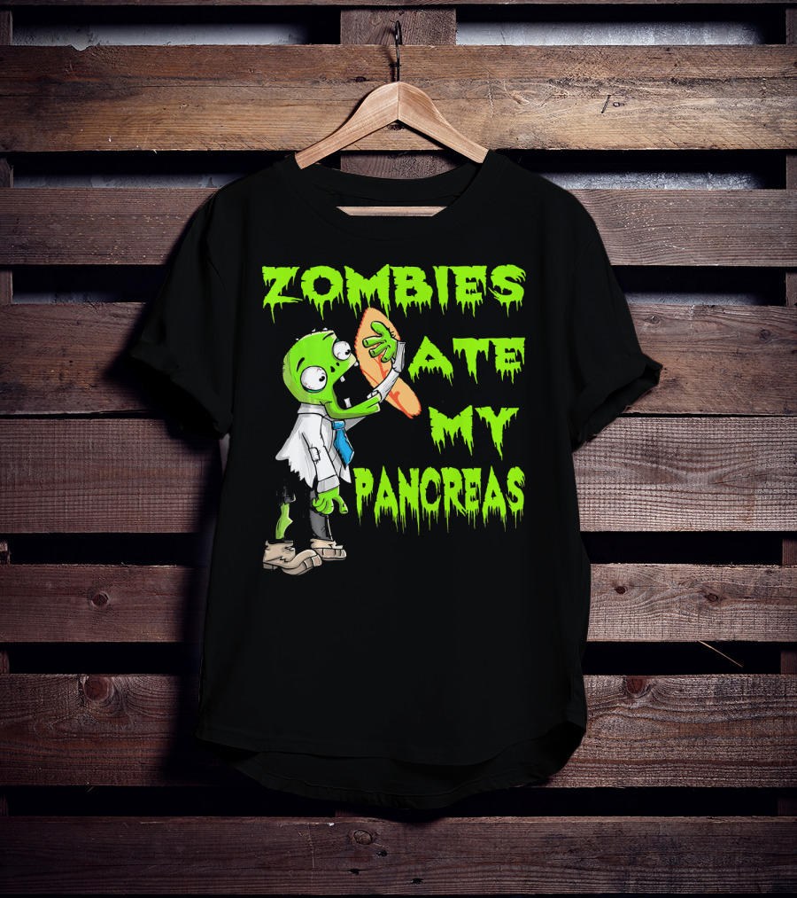 Zombies Ate My Pancreas Diabetes Awareness Cartoon Zombie Holding Organ T-Shirt