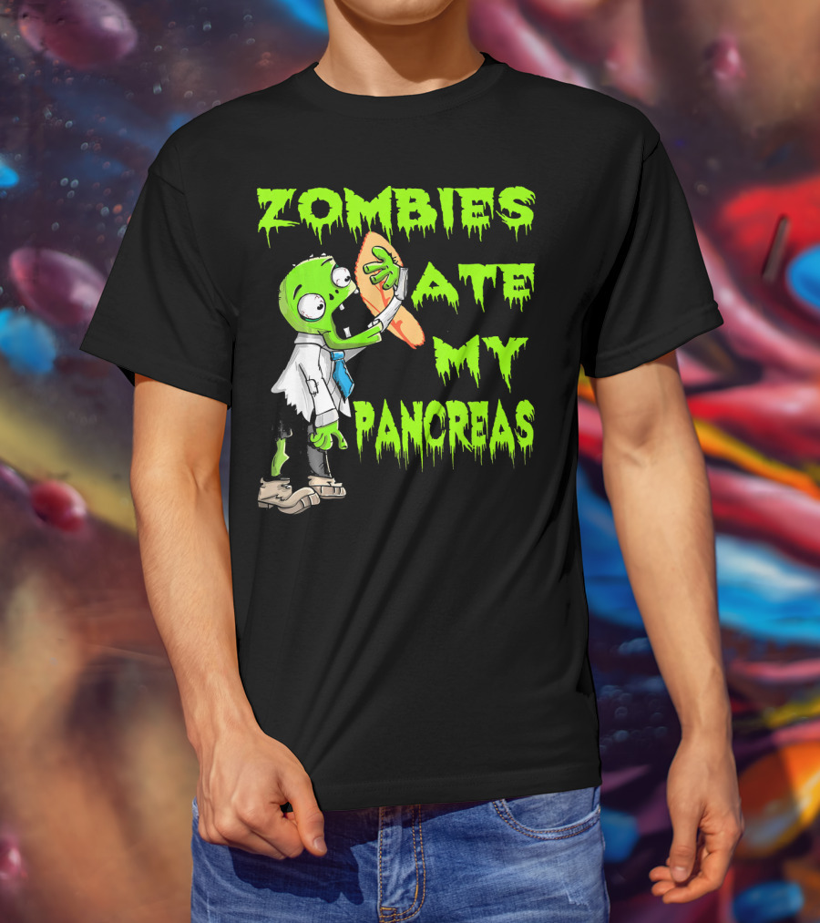 Zombies Ate My Pancreas Diabetes Awareness Cartoon Zombie Holding Organ T-Shirt