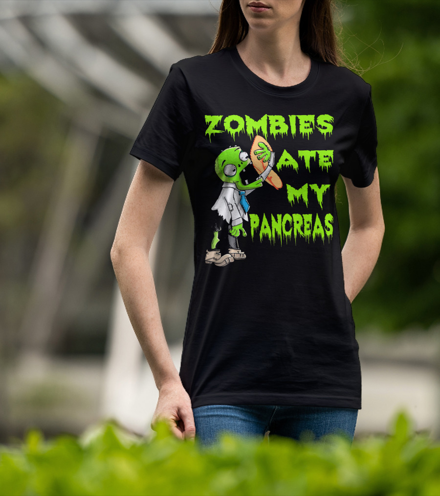 Zombies Ate My Pancreas Diabetes Awareness Cartoon Zombie Holding Organ T-Shirt
