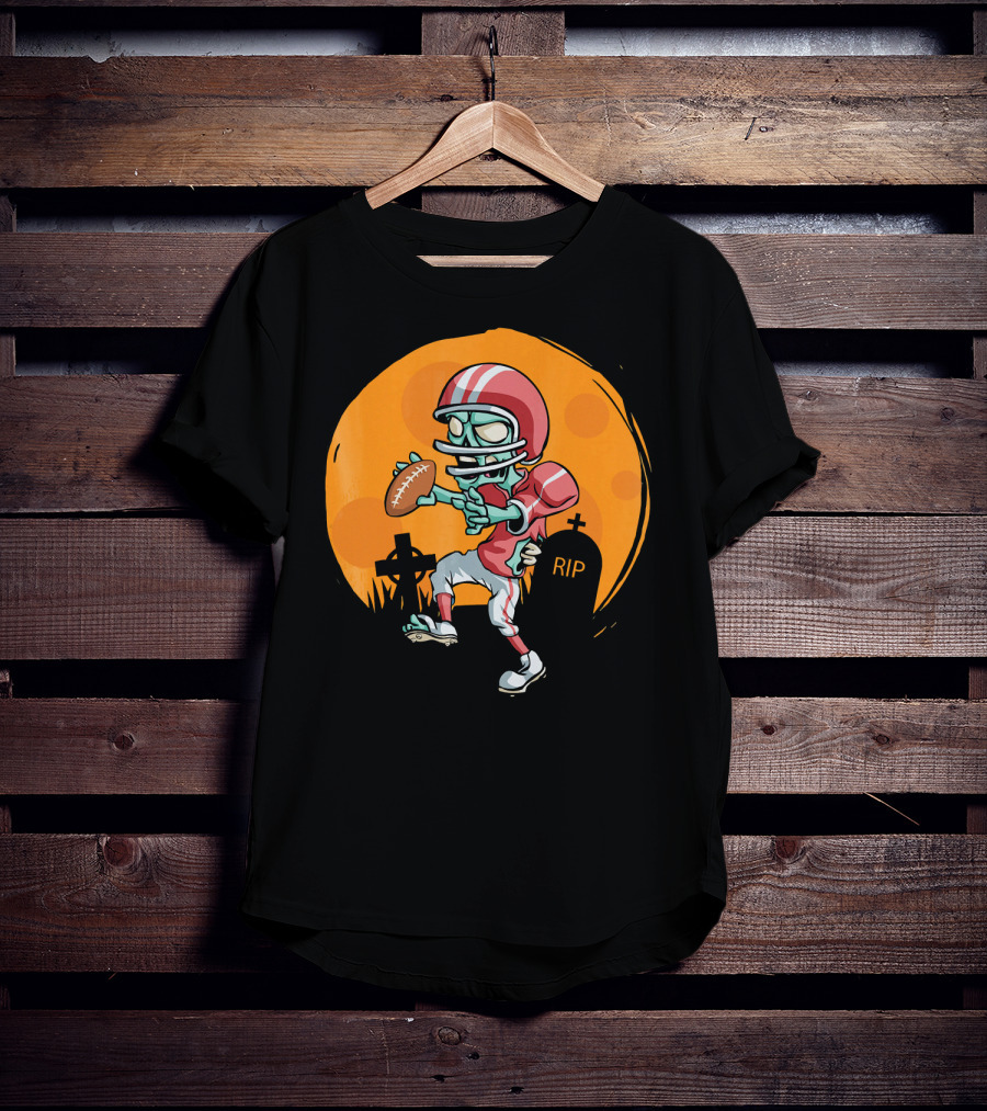 Zombie Football Player Halloween Graveyard Scene T-Shirt