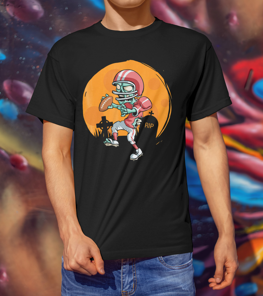 Zombie Football Player Halloween Graveyard Scene T-Shirt