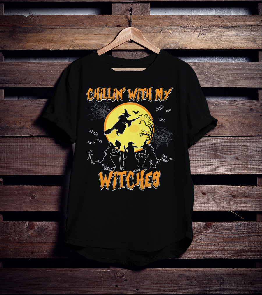 Chillin With My Witches Full Moon Spooky Bats And Webs Scene T-Shirt