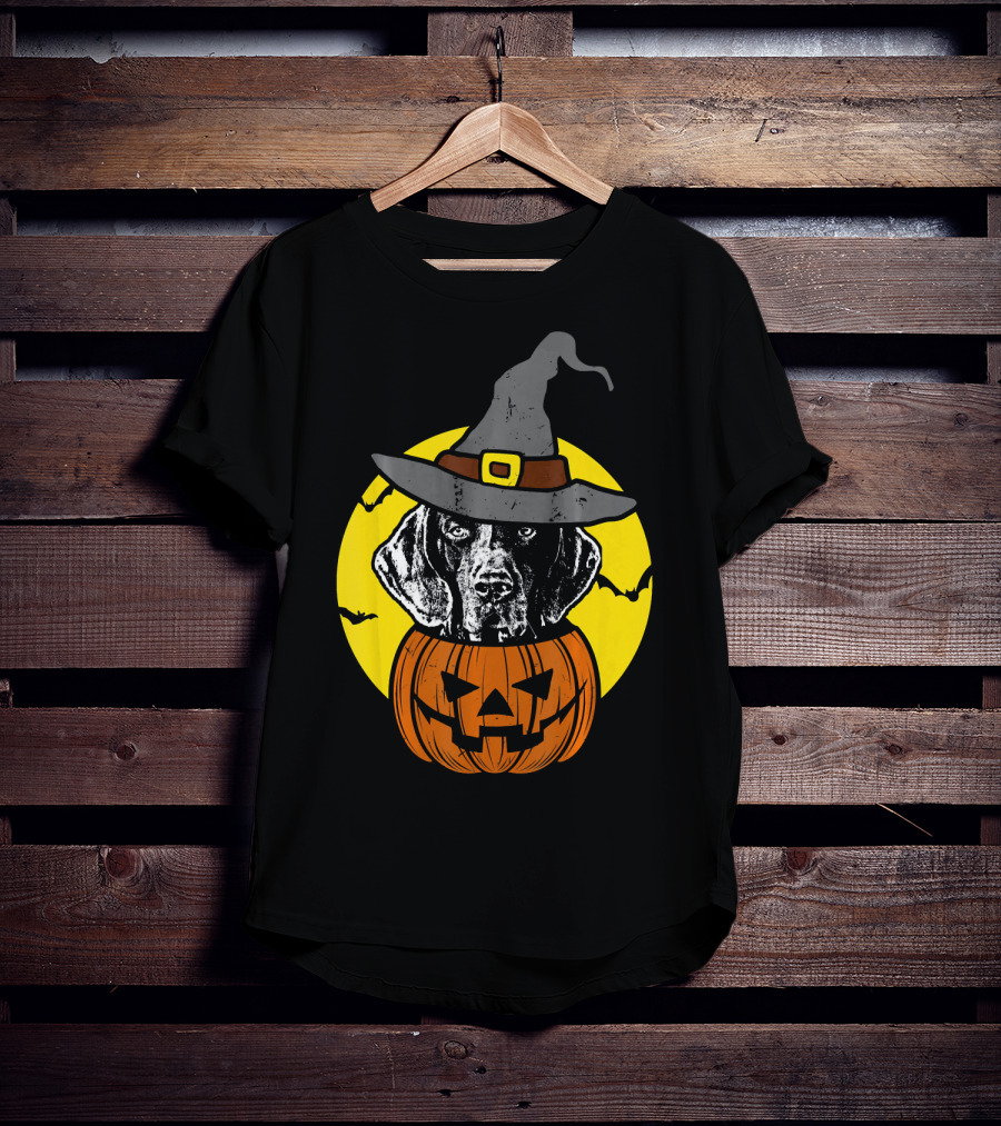 German Shorthaired Pointer Witch Hat Pumpkin Halloween Moon T-Shirt