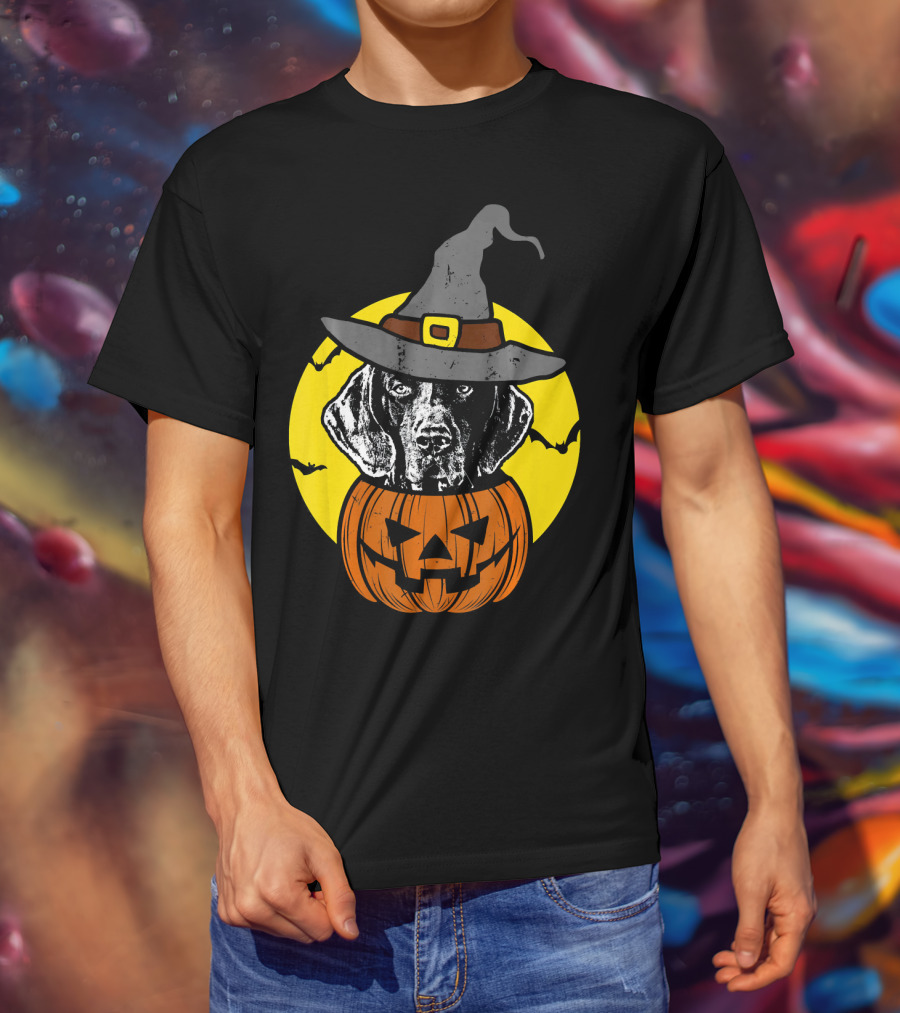 German Shorthaired Pointer Witch Hat Pumpkin Halloween Moon T-Shirt