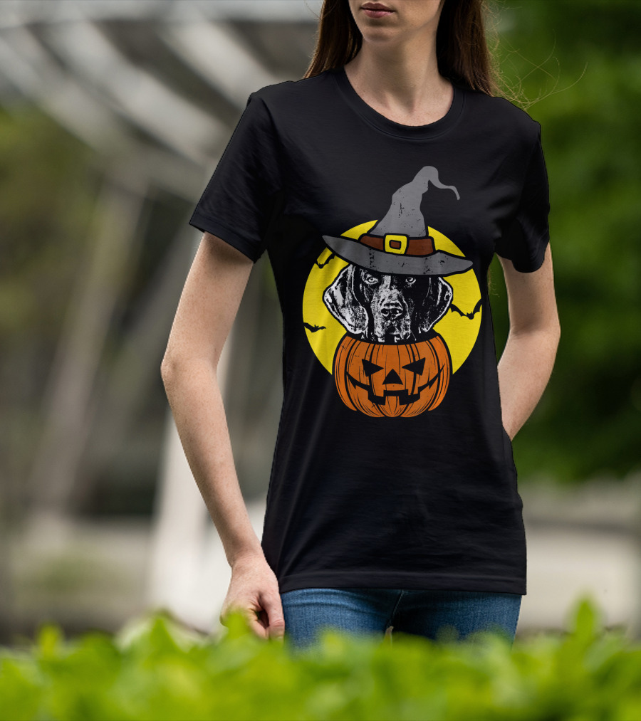 German Shorthaired Pointer Witch Hat Pumpkin Halloween Moon T-Shirt