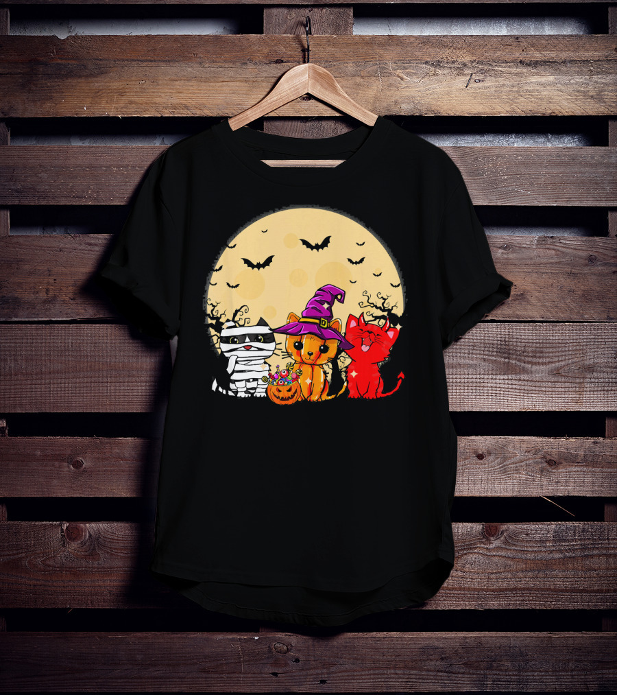 Three Cats Halloween Moon Bats Mummy Witch Devil T-Shirt