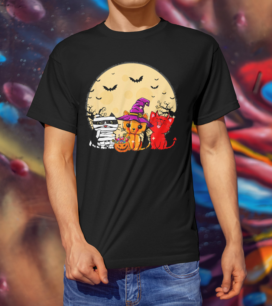Three Cats Halloween Moon Bats Mummy Witch Devil T-Shirt