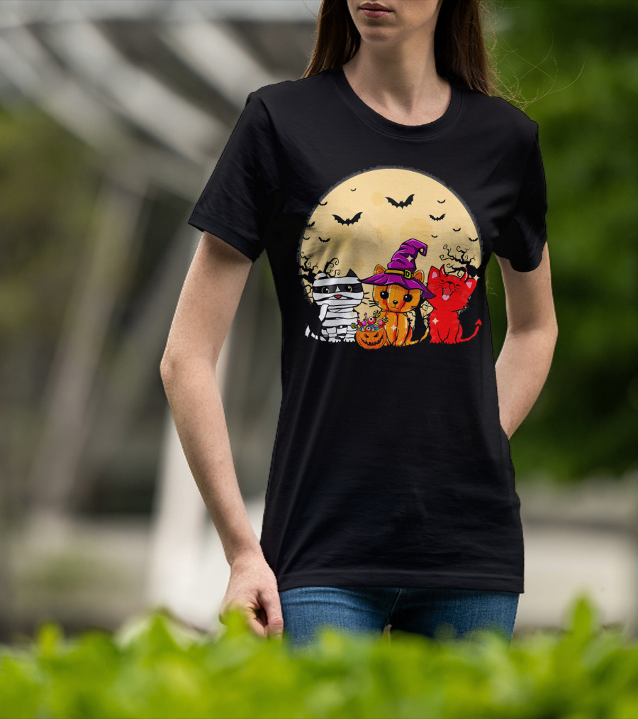 Three Cats Halloween Moon Bats Mummy Witch Devil T-Shirt