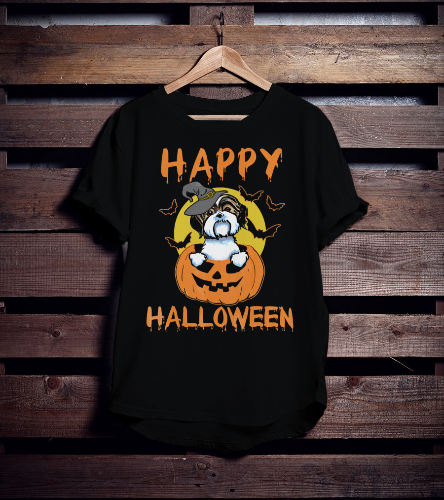 Happy Halloween Shih Tzu Pumpkin With Witch Hat And Bats T-Shirt