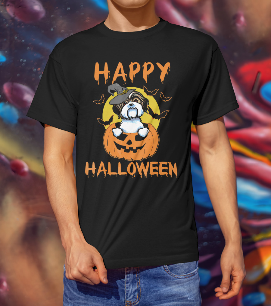 Happy Halloween Shih Tzu Pumpkin With Witch Hat And Bats T-Shirt