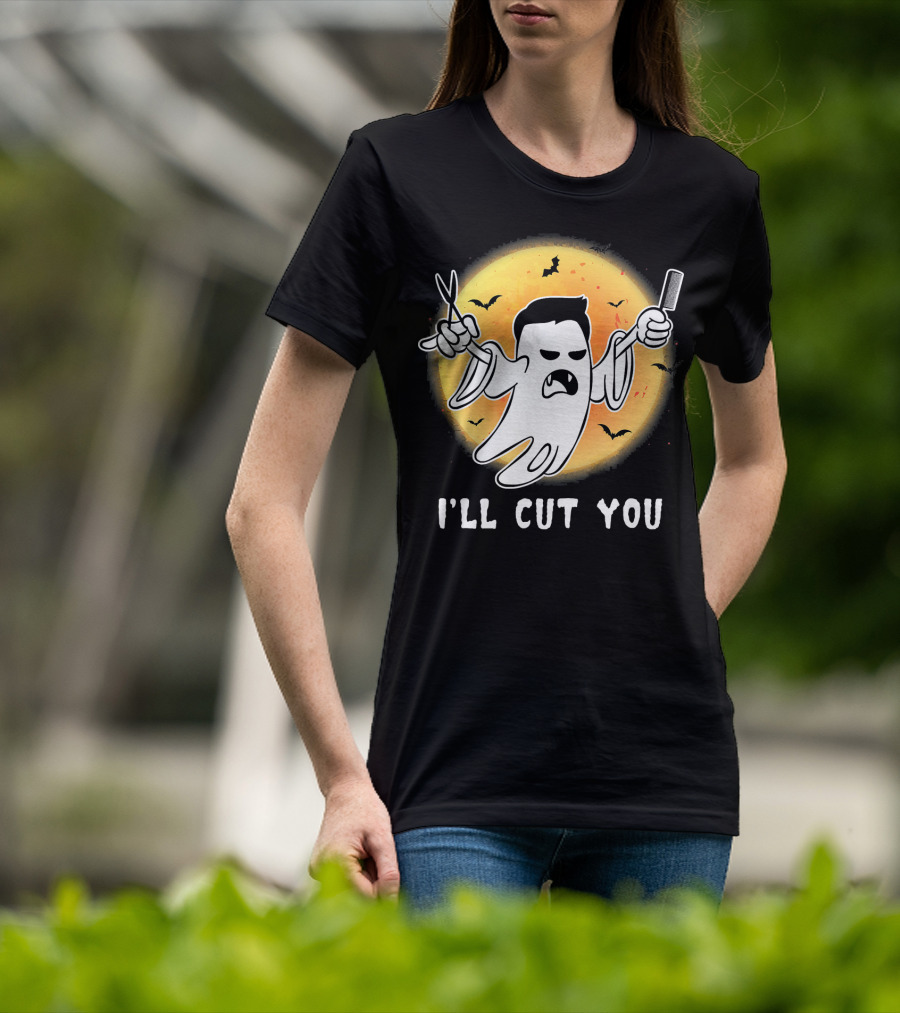 Funny Halloween Boo Ghost I'll Cut You Barber Ghost With Scissors And Comb T-Shirt