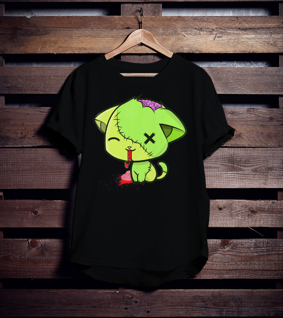 Cute Zombkitty Green Zombie Kitten Neon Brain T-Shirt