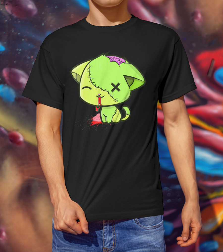 Cute Zombkitty Green Zombie Kitten Neon Brain T-Shirt