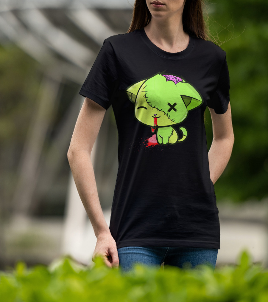 Cute Zombkitty Green Zombie Kitten Neon Brain T-Shirt