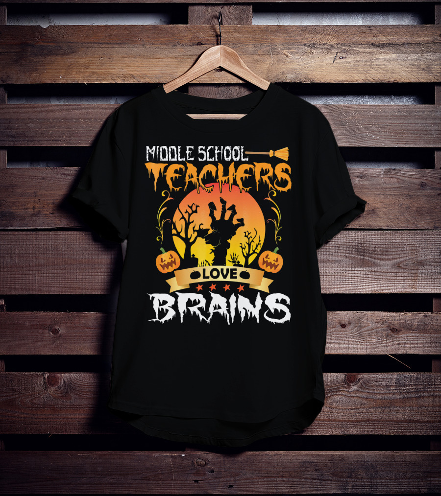 Middle School Teachers Love Brains Moon Tomb Pumpkin T-Shirt