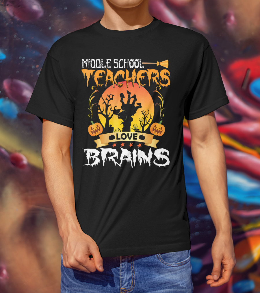 Middle School Teachers Love Brains Moon Tomb Pumpkin T-Shirt