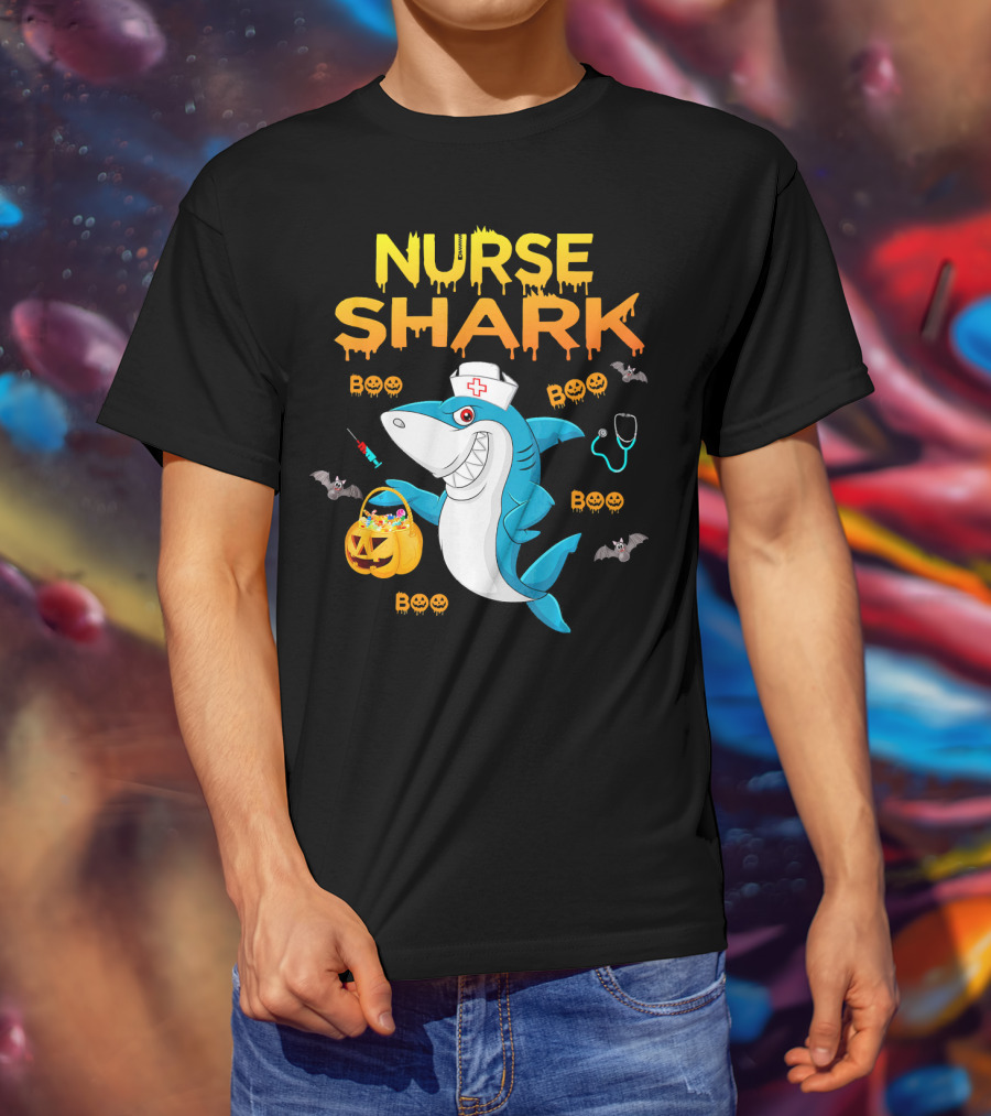 Nurse Shark Halloween Boo Pumpkin Bats Stethoscope T-Shirt