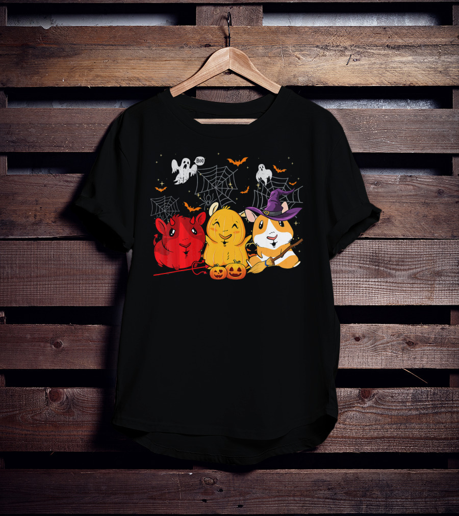 Halloween Funny Guinea Pigs In Costumes With Ghosts And Spiderwebs T-Shirt