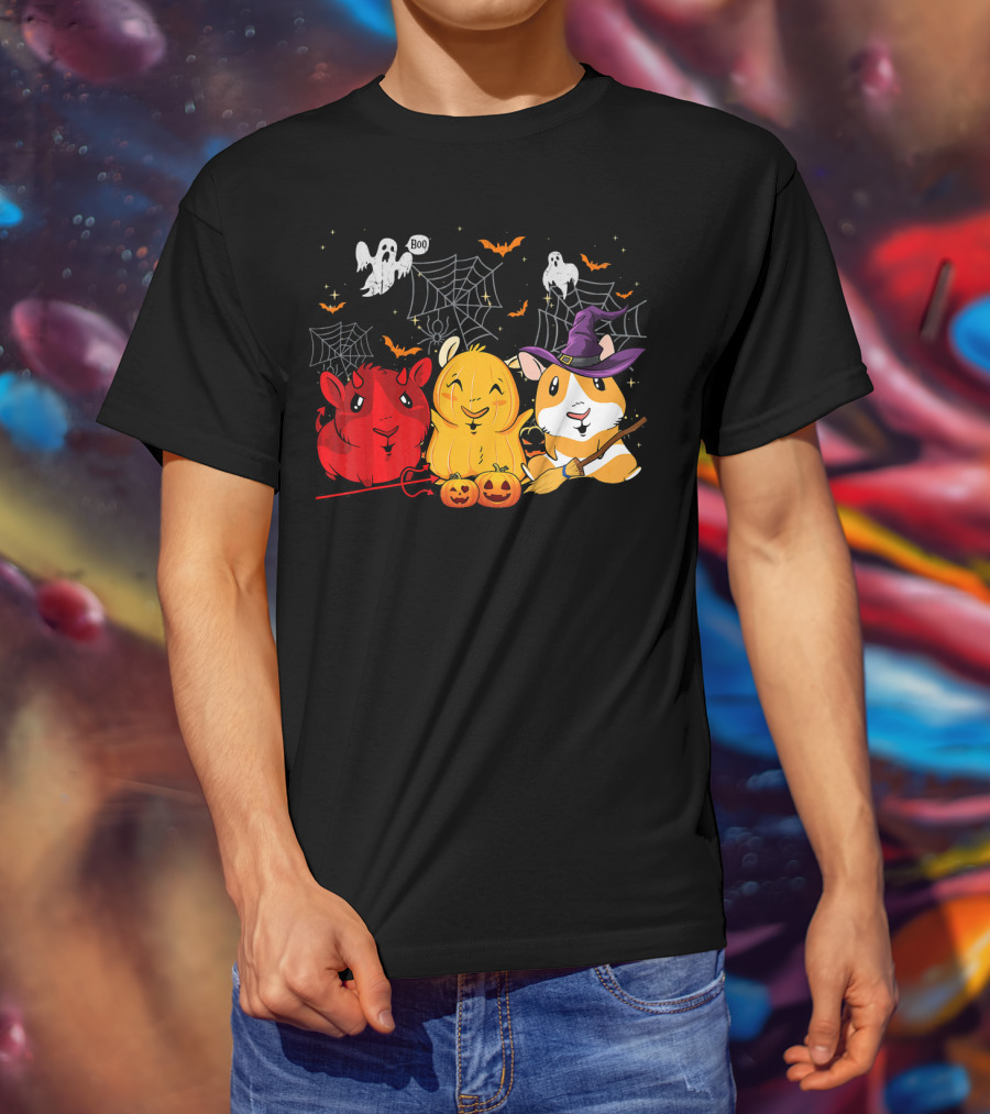 Halloween Funny Guinea Pigs In Costumes With Ghosts And Spiderwebs T-Shirt