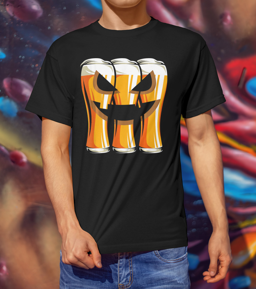 Halloween Pumpkin Beer Glasses Funny Drinking Scary T-Shirt