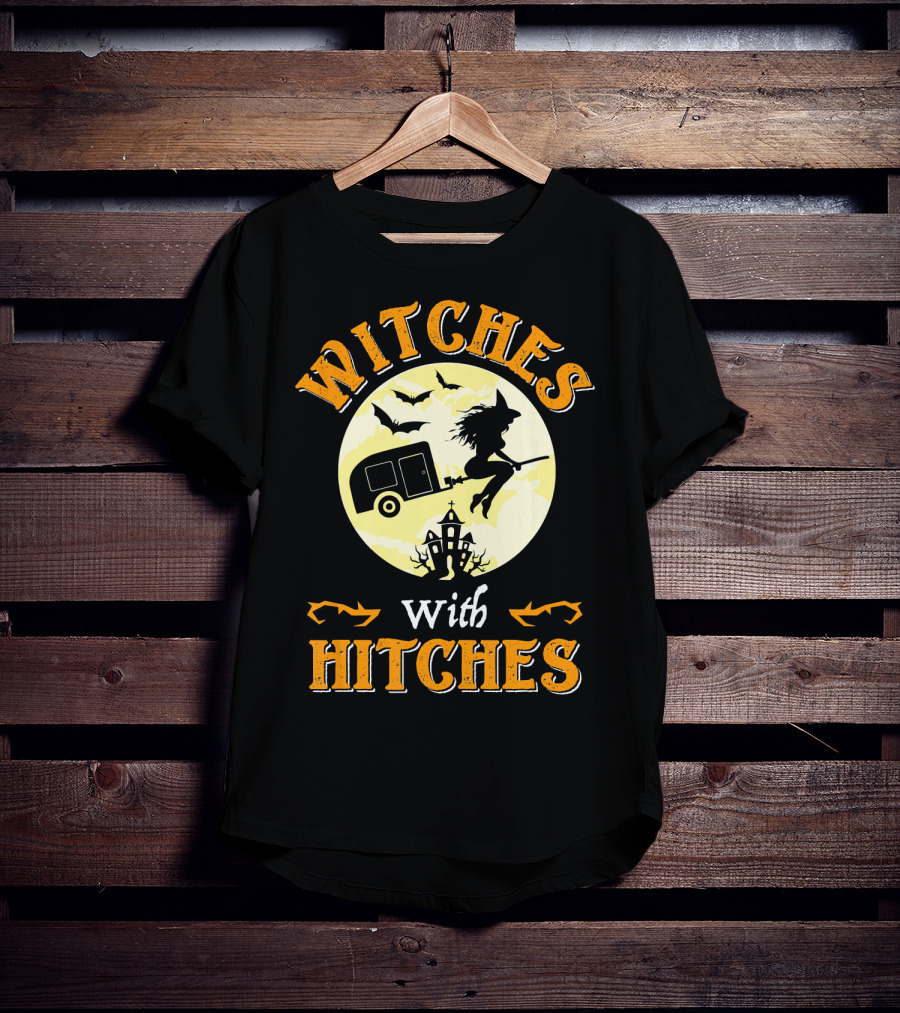 Witches With Hitches Halloween Camper Moon Bats And Witch Hat Broomstick T-Shirt