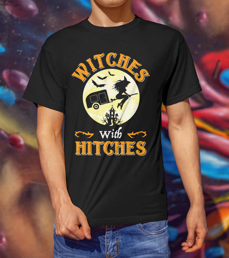 Witches With Hitches Halloween Camper Moon Bats And Witch Hat Broomstick T-Shirt